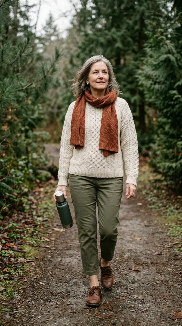 Woman over 50 in olive cropped trousers and cream fisherman sweater on a park path