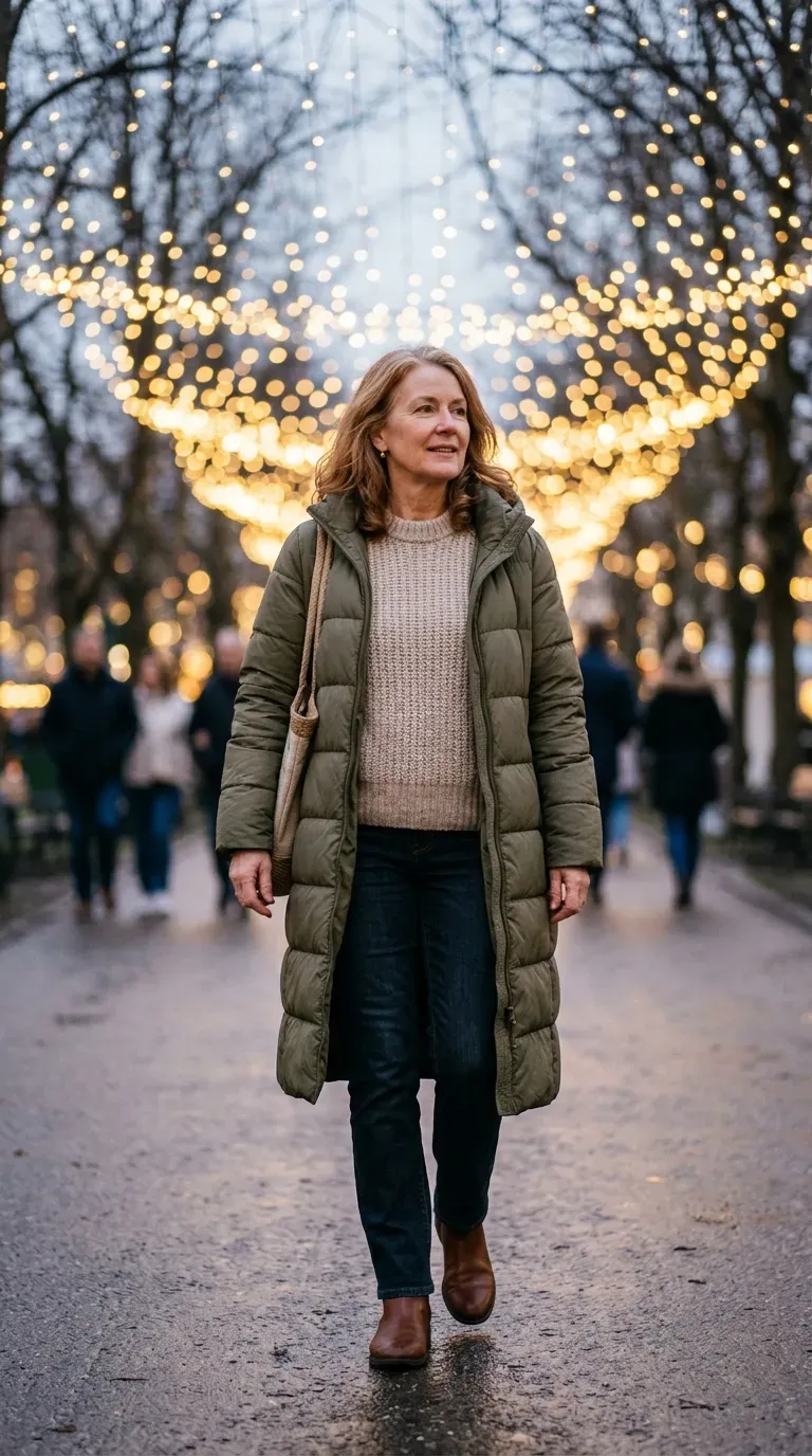 Woman over 50 in olive green long puffer, oatmeal knit and brown boots at Christmas lights