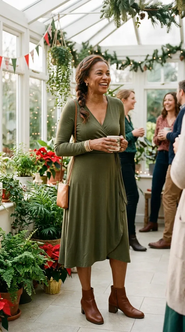 Woman over 50 in olive green wrap midi dress and brown ankle boots at a casual Christmas gathering