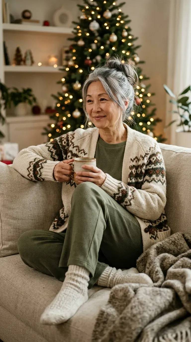 Woman over 50 in olive knit lounge set and cream Fair Isle cardigan for a movie night