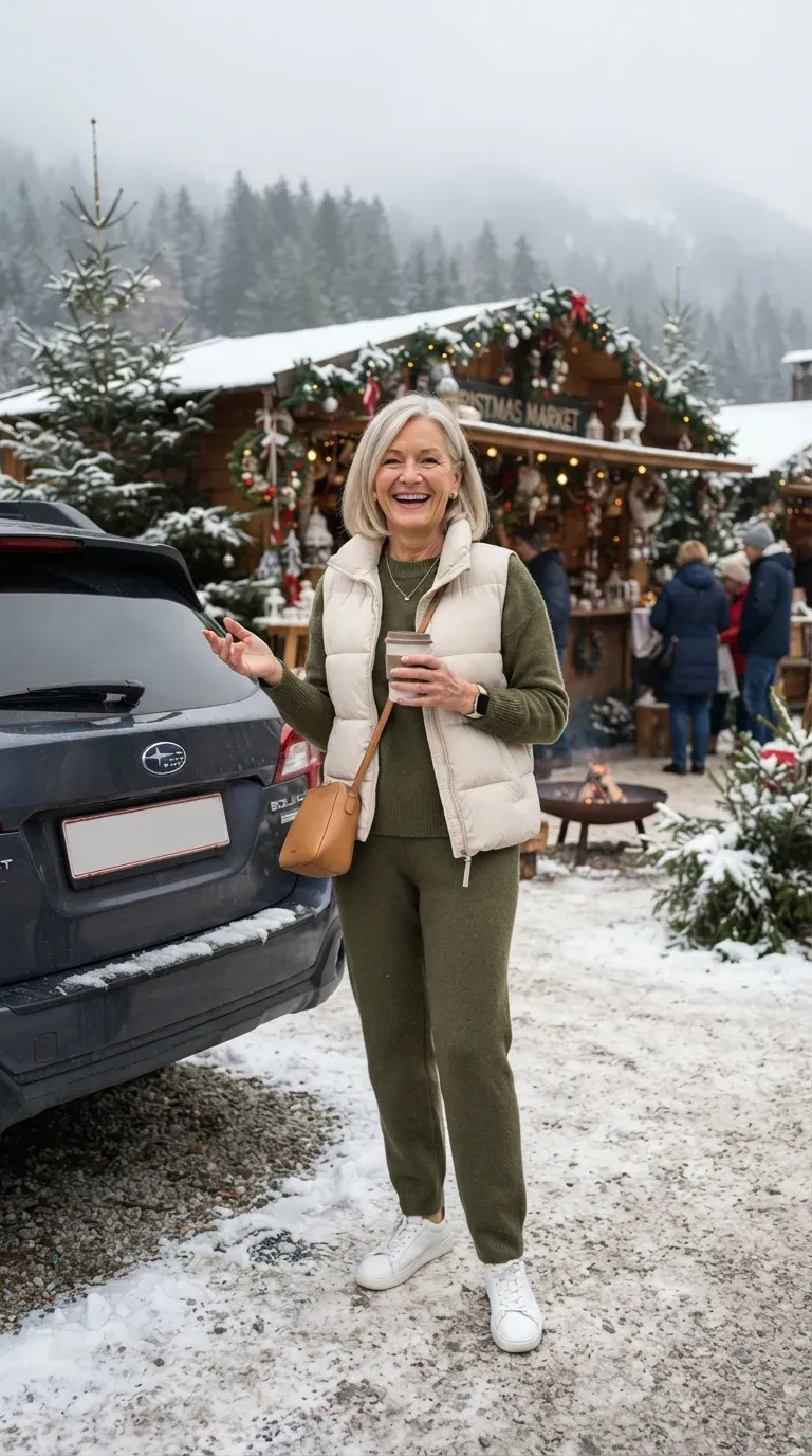 Woman over 50 in an olive knit set and cream puffer vest with sneakers on a Christmas road trip stop