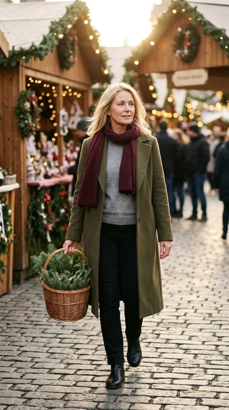 Woman over 50 in olive long coat, gray sweater and black jeans at a Christmas market