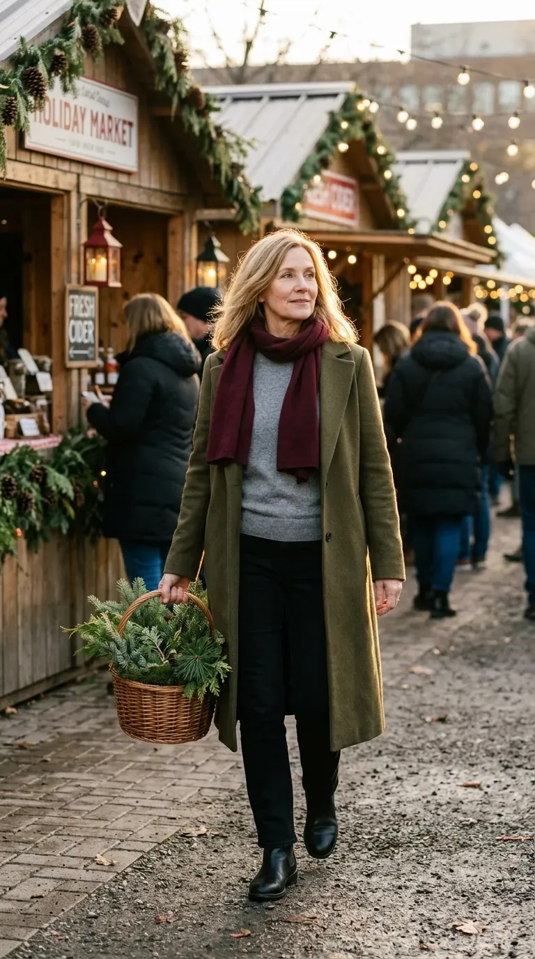 Woman over 50 in olive long coat, gray sweater and black jeans at a Christmas market