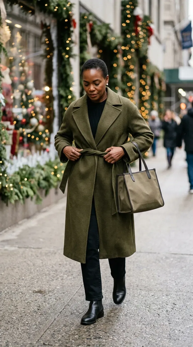 Woman over 40 in olive longline coat and black knit on a festive winter city street