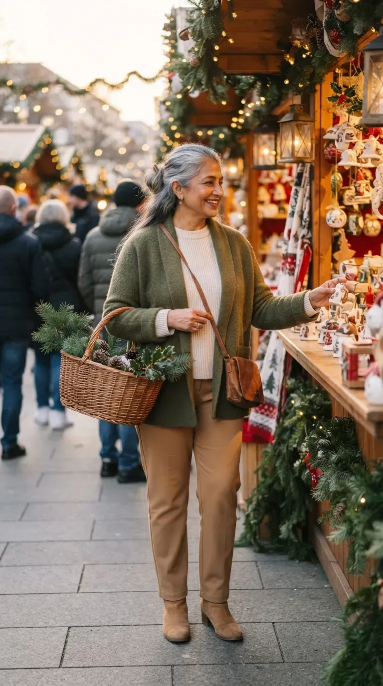 South Asian plus-size woman in an olive jacket, cream sweater and camel trousers at a Christmas market