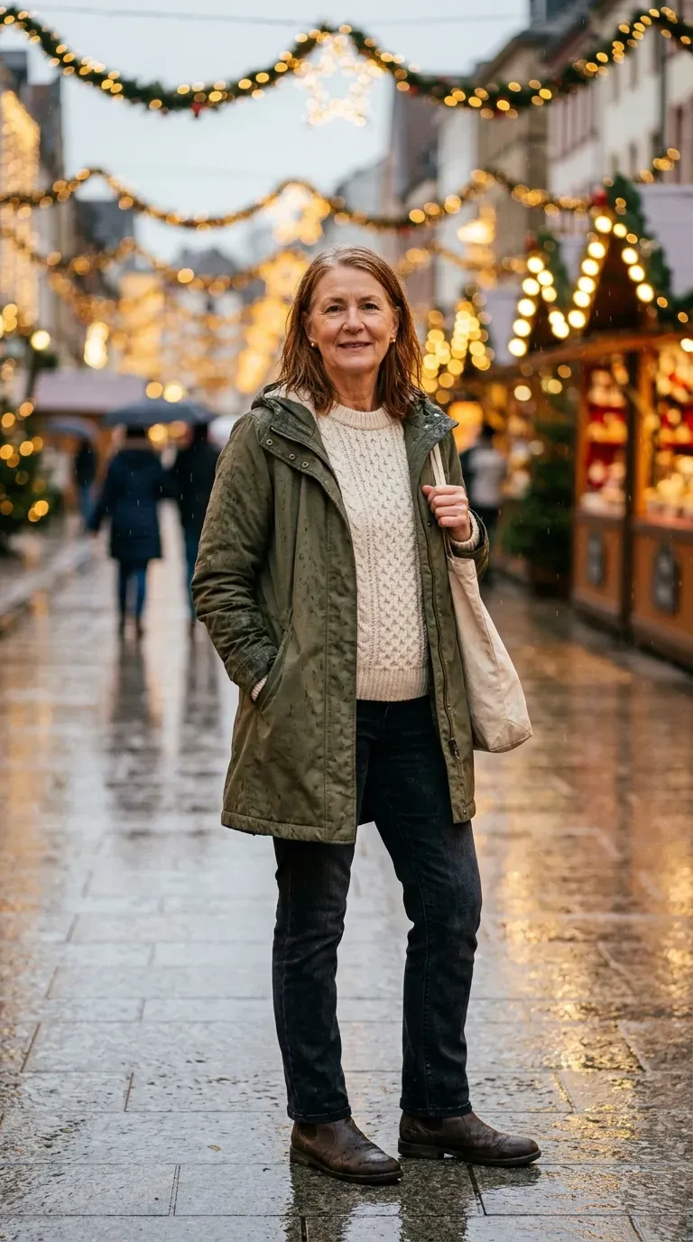 Woman over 50 in olive parka, cream fisherman knit and brown flat boots at Christmas lights