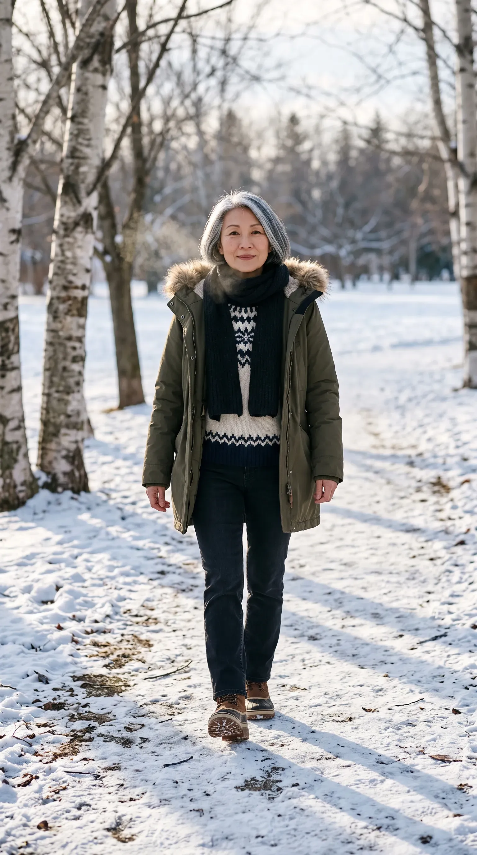 Woman in olive parka and Fair Isle sweater walking a snowy park path at Christmas