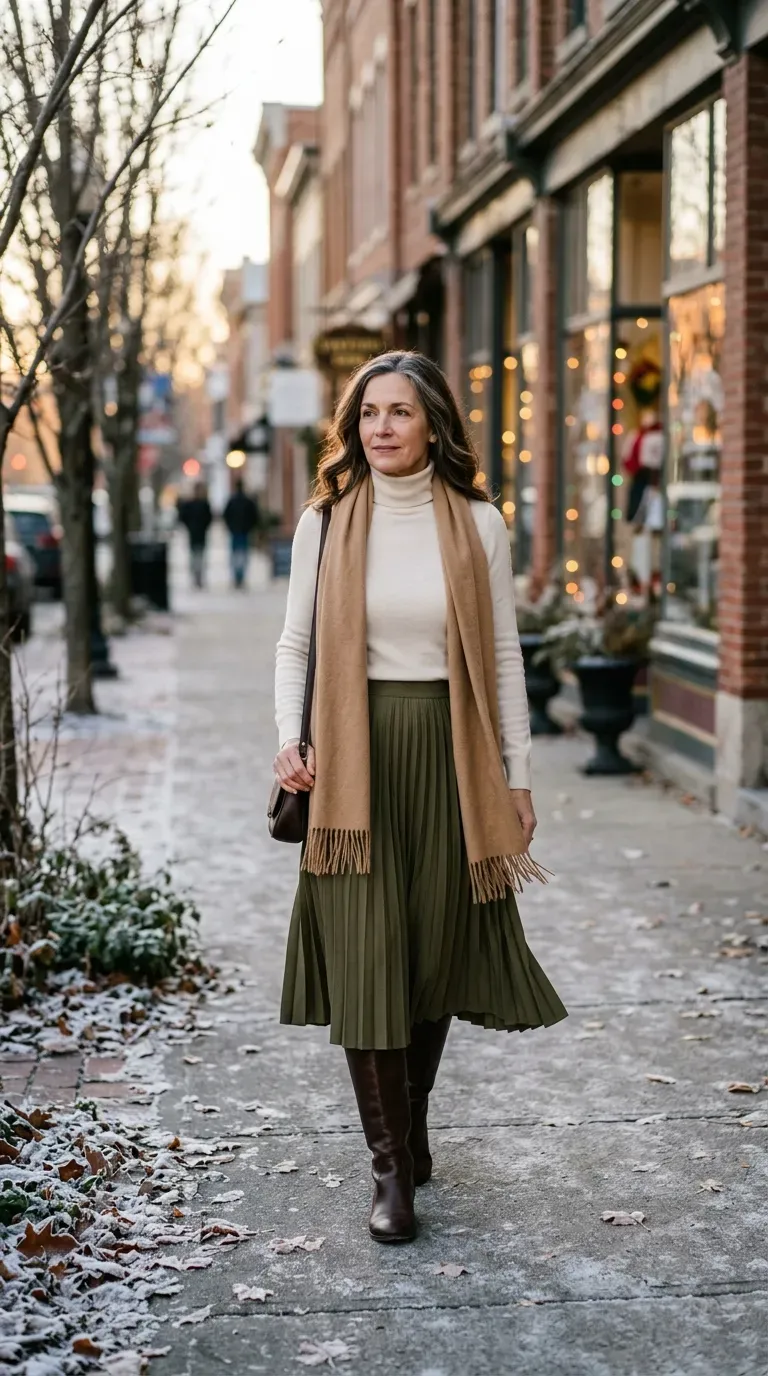 Woman over 50 in olive pleated midi skirt and cream turtleneck on a leaf-lined street
