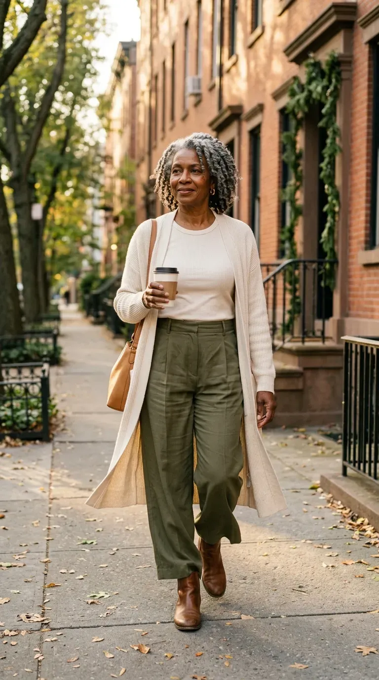 Woman over 50 in olive pleated trousers and cream cardigan on an autumn street