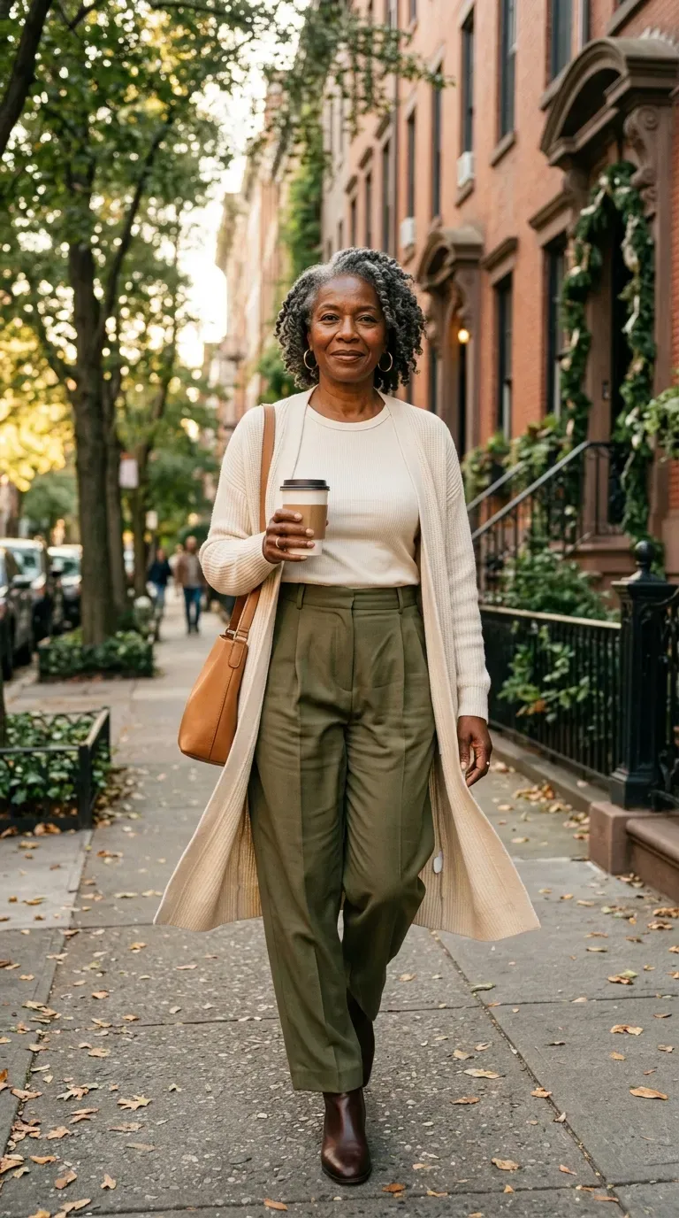 Woman over 50 in olive pleated trousers and cream cardigan on an autumn street