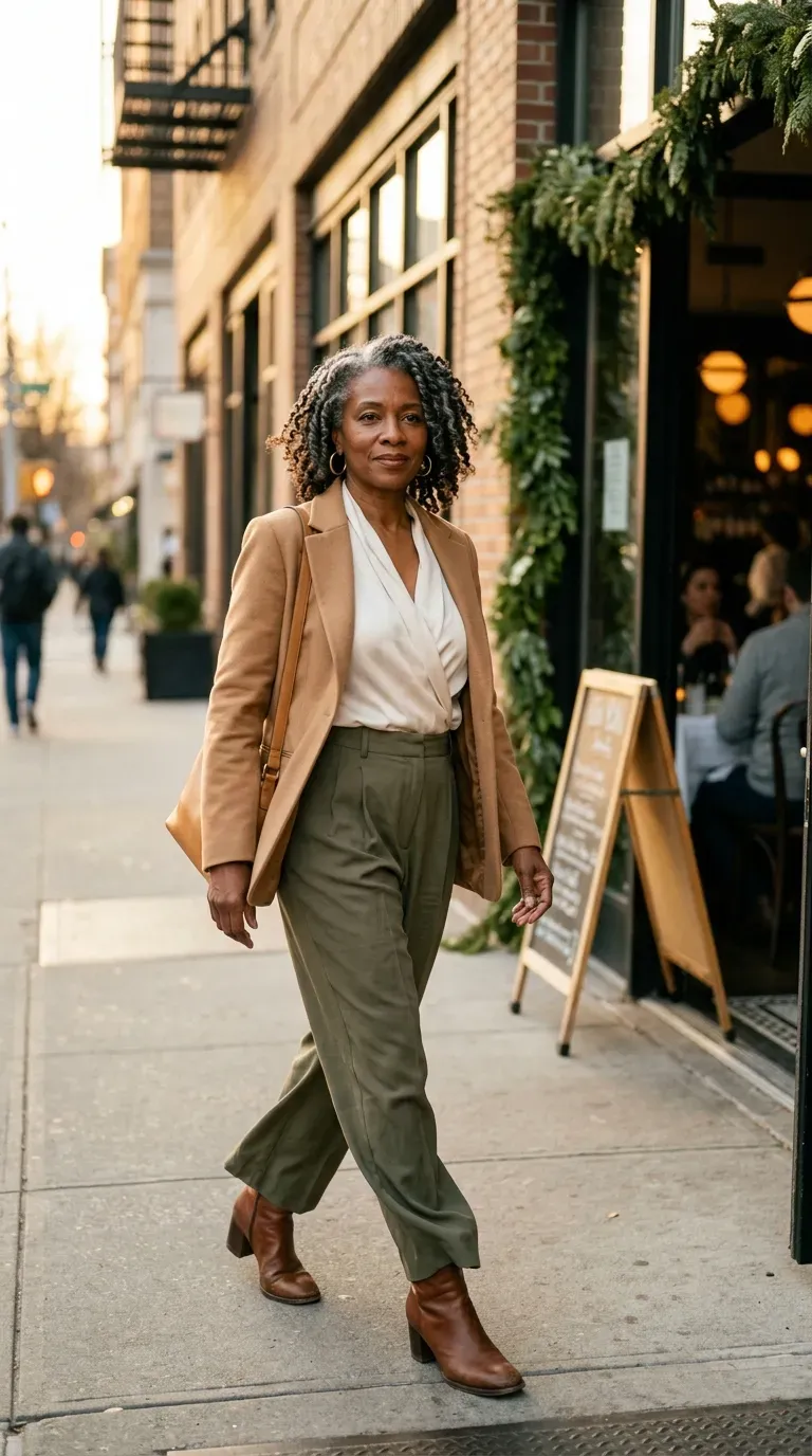Woman over 50 in olive pleated trousers, cream silk blouse and camel blazer near a restaurant
