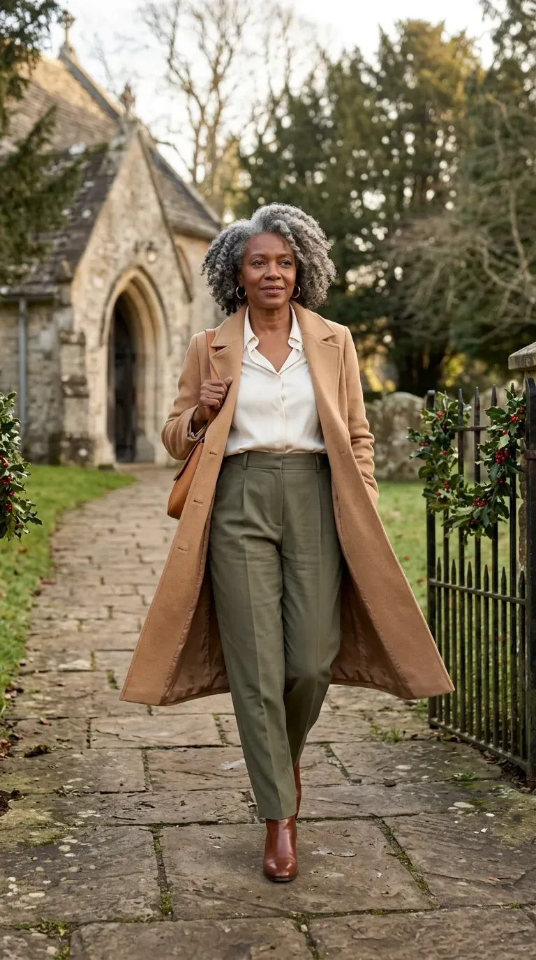 Woman over 50 in olive pleated trousers, cream silk blouse and camel coat at a church
