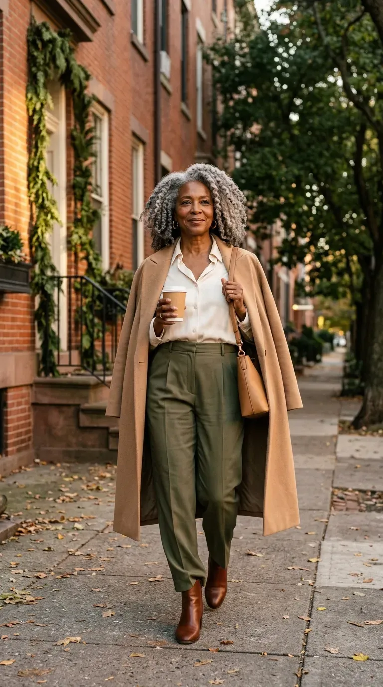 Woman over 50 in olive pleated trousers and cream silk blouse with a camel coat