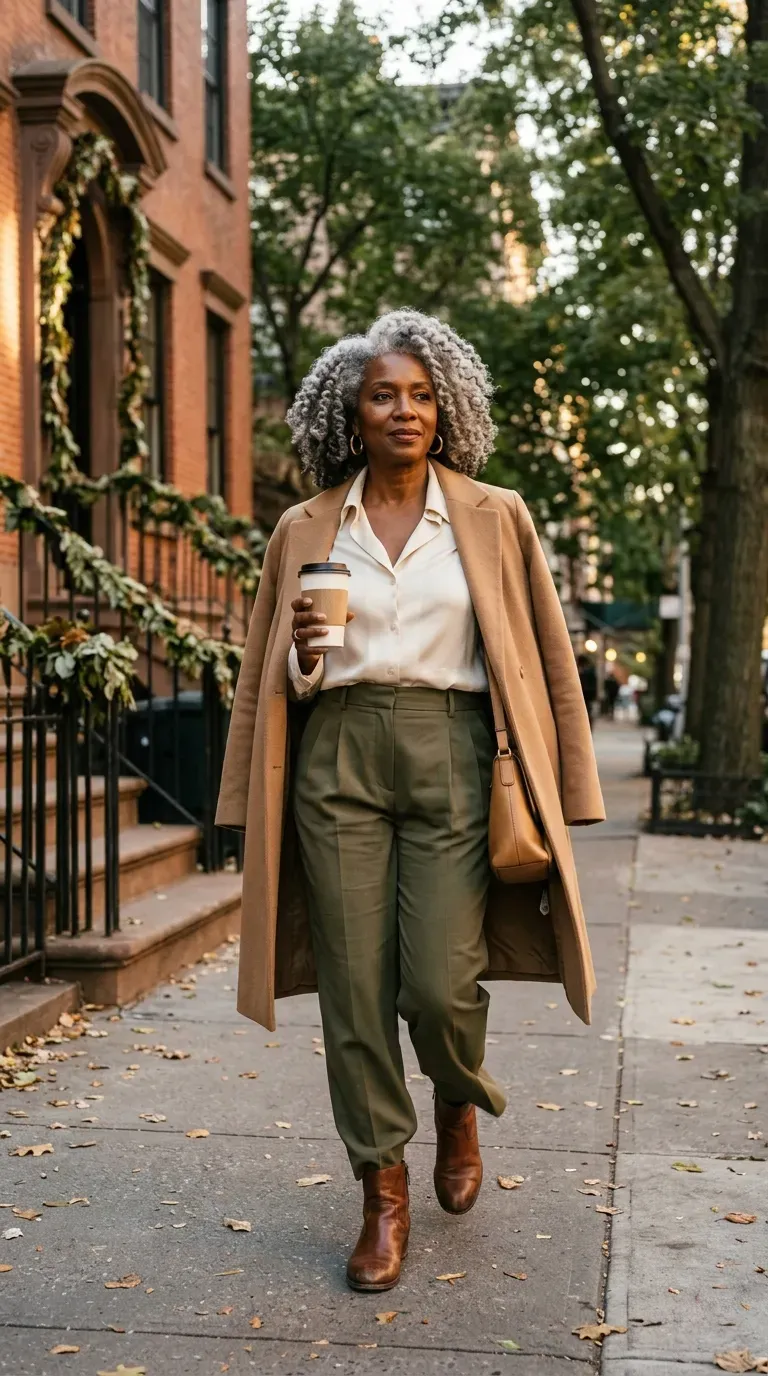 Woman over 50 in olive pleated trousers and cream silk blouse with a camel coat on an autumn street