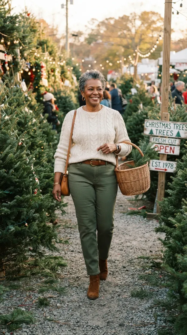 Black plus-size woman in olive trousers and a cream cable sweater at a tree lot