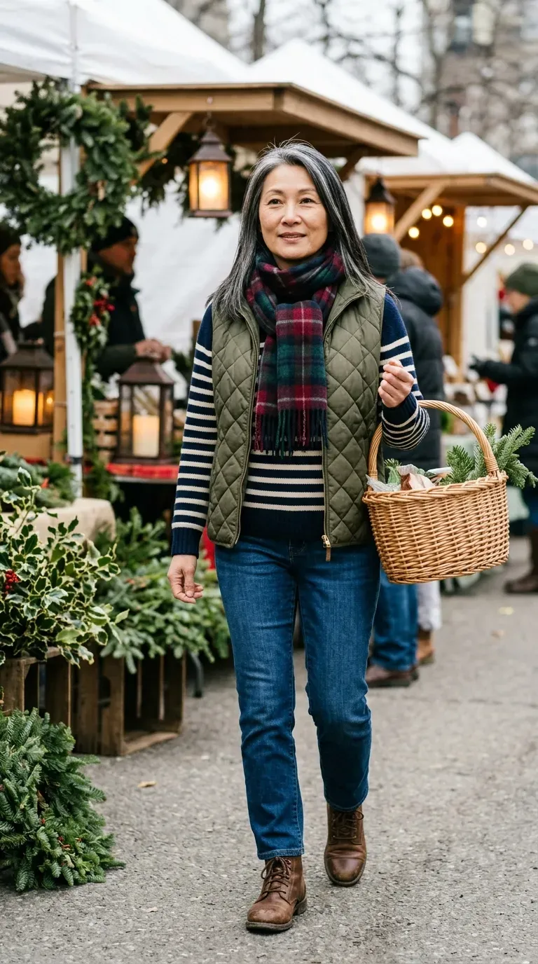 Woman in olive quilted vest, striped sweater and jeans at a Christmas farmers market