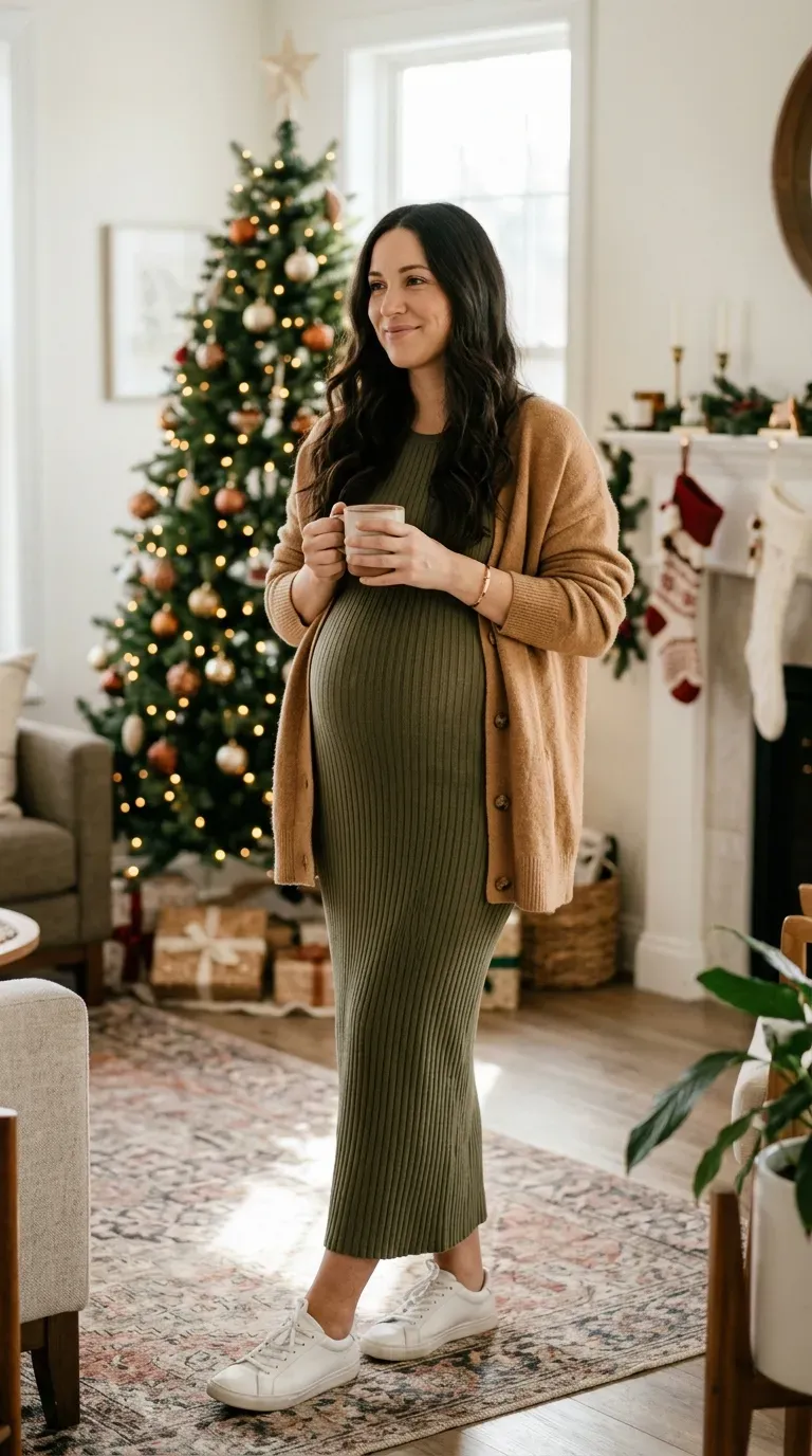 Pregnant woman in olive ribbed maxi dress and camel cardigan at a cozy holiday gathering
