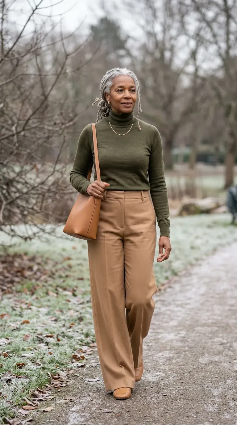 Woman over 50 in olive roll-neck and camel wide-leg trousers on a winter park path