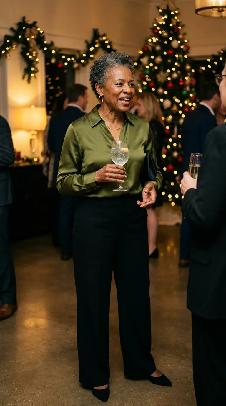 Black woman in an olive satin blouse and black wide-leg trousers at a holiday party