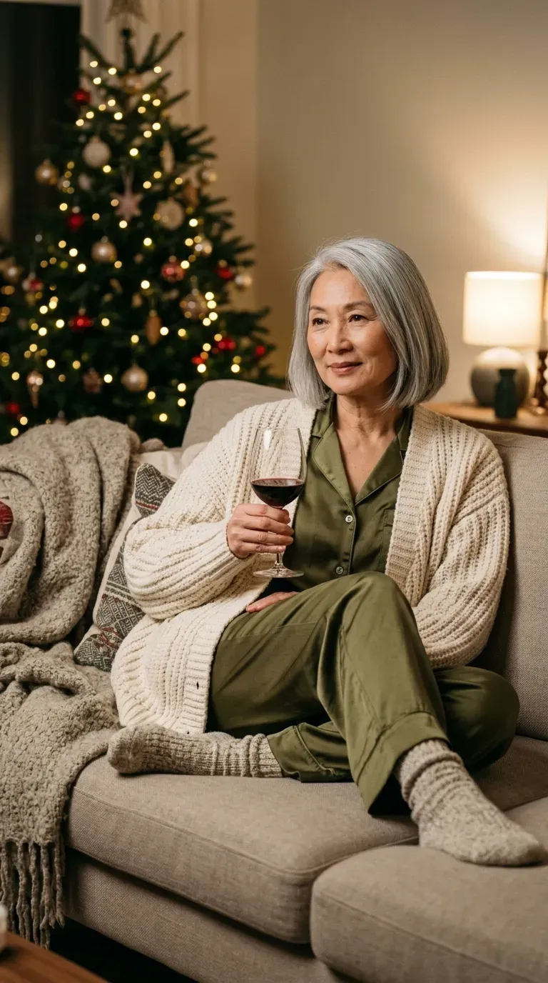 Woman over 50 in olive satin pajama set and cream cardigan for a Christmas movie night