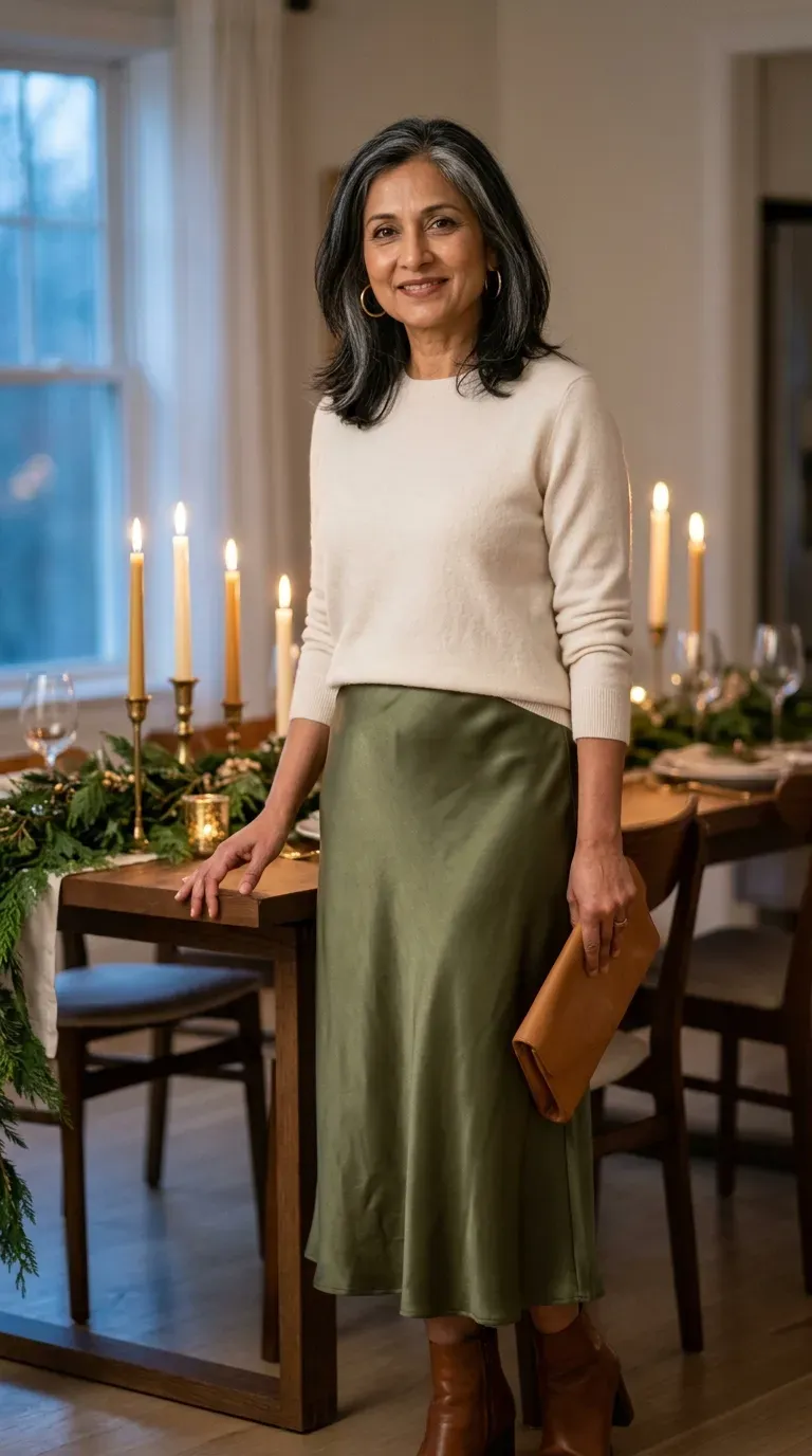 Woman over 50 in olive satin skirt, cream sweater and heeled boots at a candlelit table
