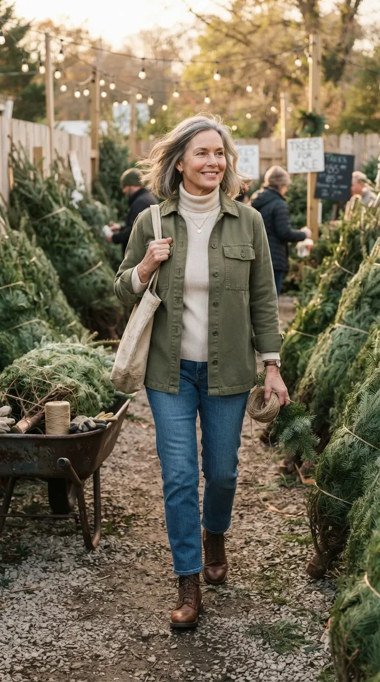 Woman over 50 in an olive shacket and cream turtleneck with jeans walking through a tree lot