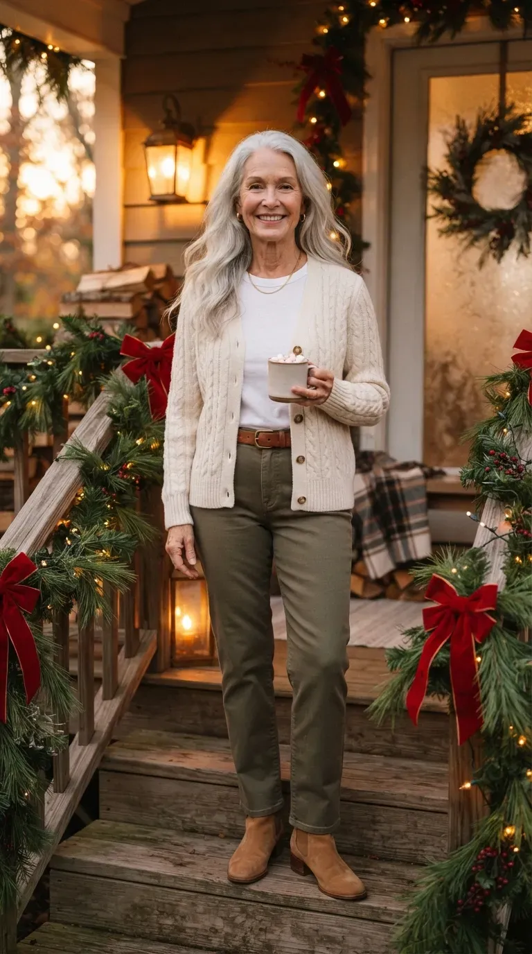 Woman over 50 in olive straight-leg trousers and an ivory cable cardigan beside a decorated porch