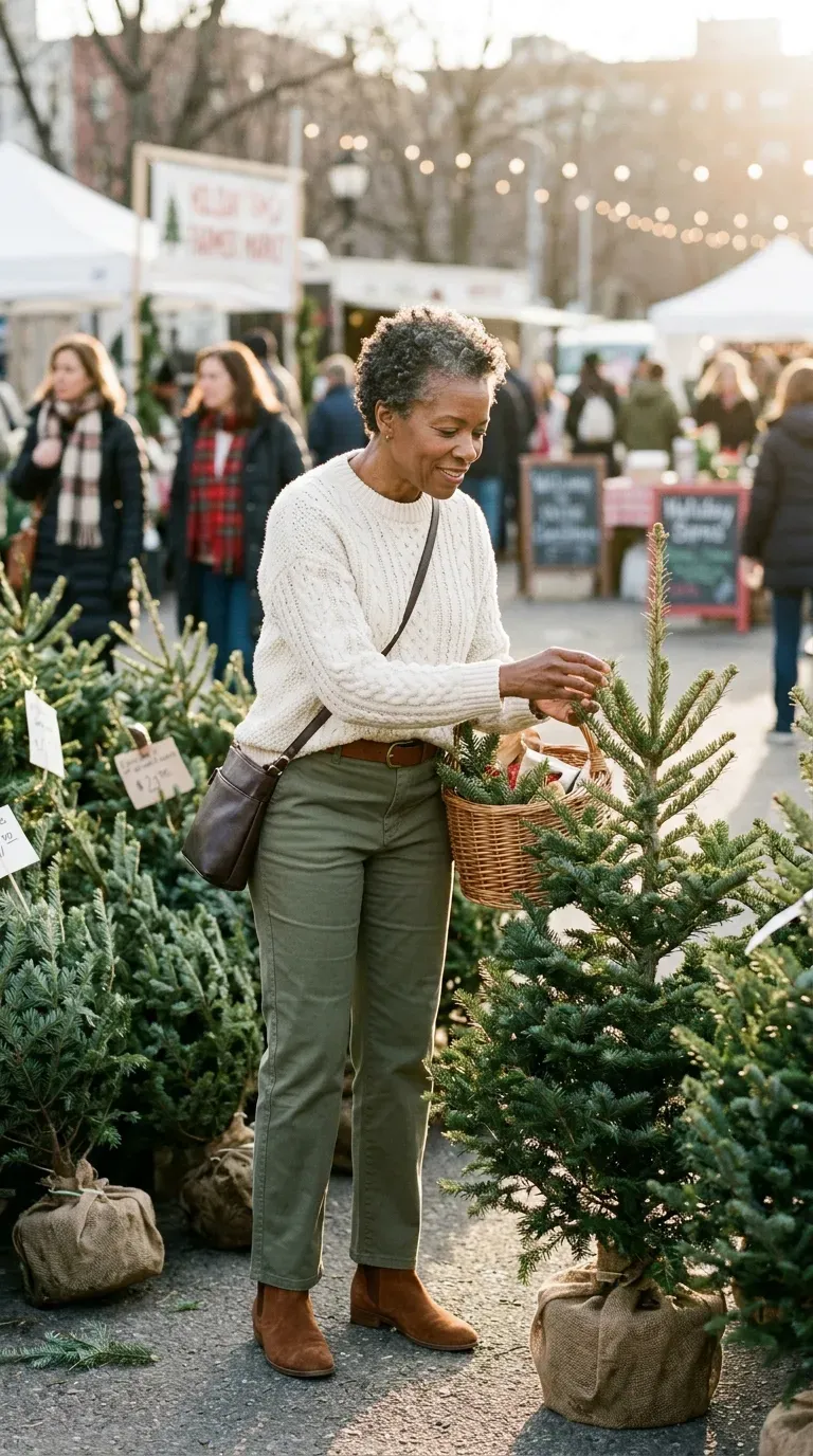 Woman in olive straight trousers and cream cable sweater choosing a Christmas tree at a market