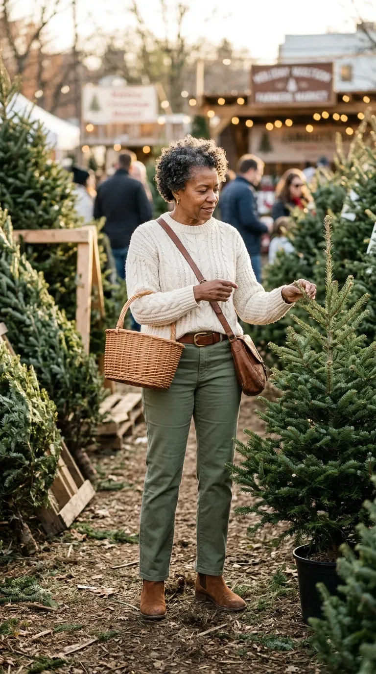 Woman in olive straight trousers and cream cable sweater in a pine-lined farmers market