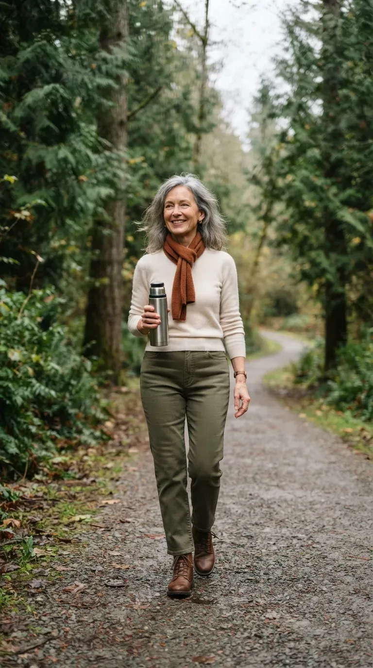 Petite woman over 50 in olive straight trousers and cream fine-knit sweater on a park path