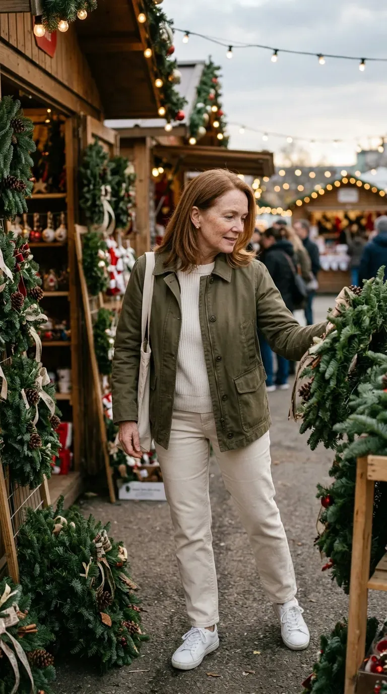 Woman over 50 in olive jacket, ivory ribbed knit and cream trousers at a Christmas market