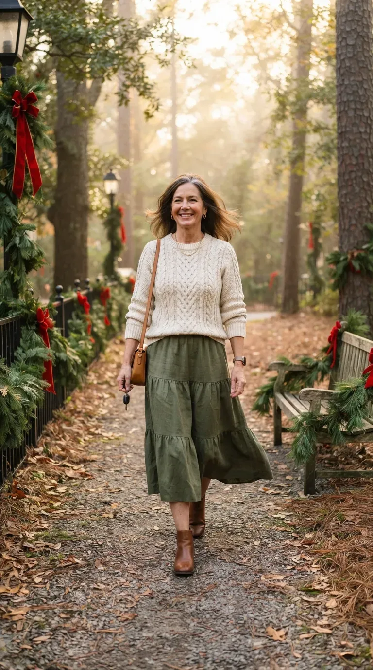 Woman over 50 in an olive tiered midi skirt and cream fisherman sweater on a leaf-lined holiday path