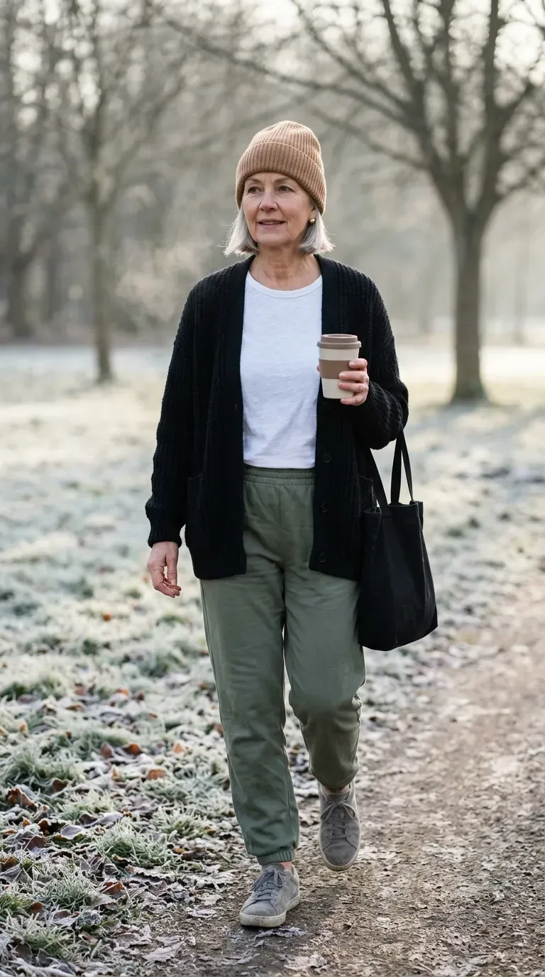 Woman in olive track pants, chunky black cardigan and gray sneakers walking in a frosty park