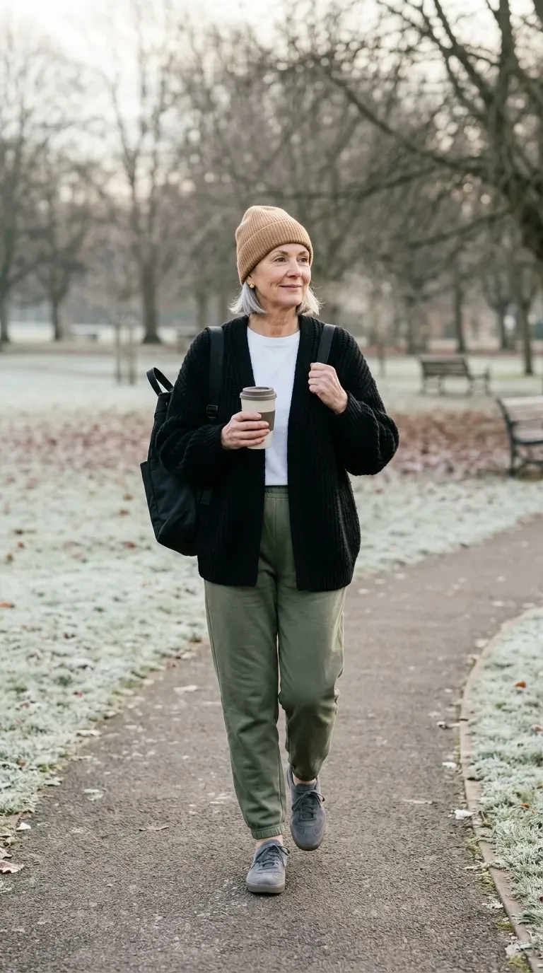 Woman in olive track pants, chunky black cardigan and gray sneakers walking in a park
