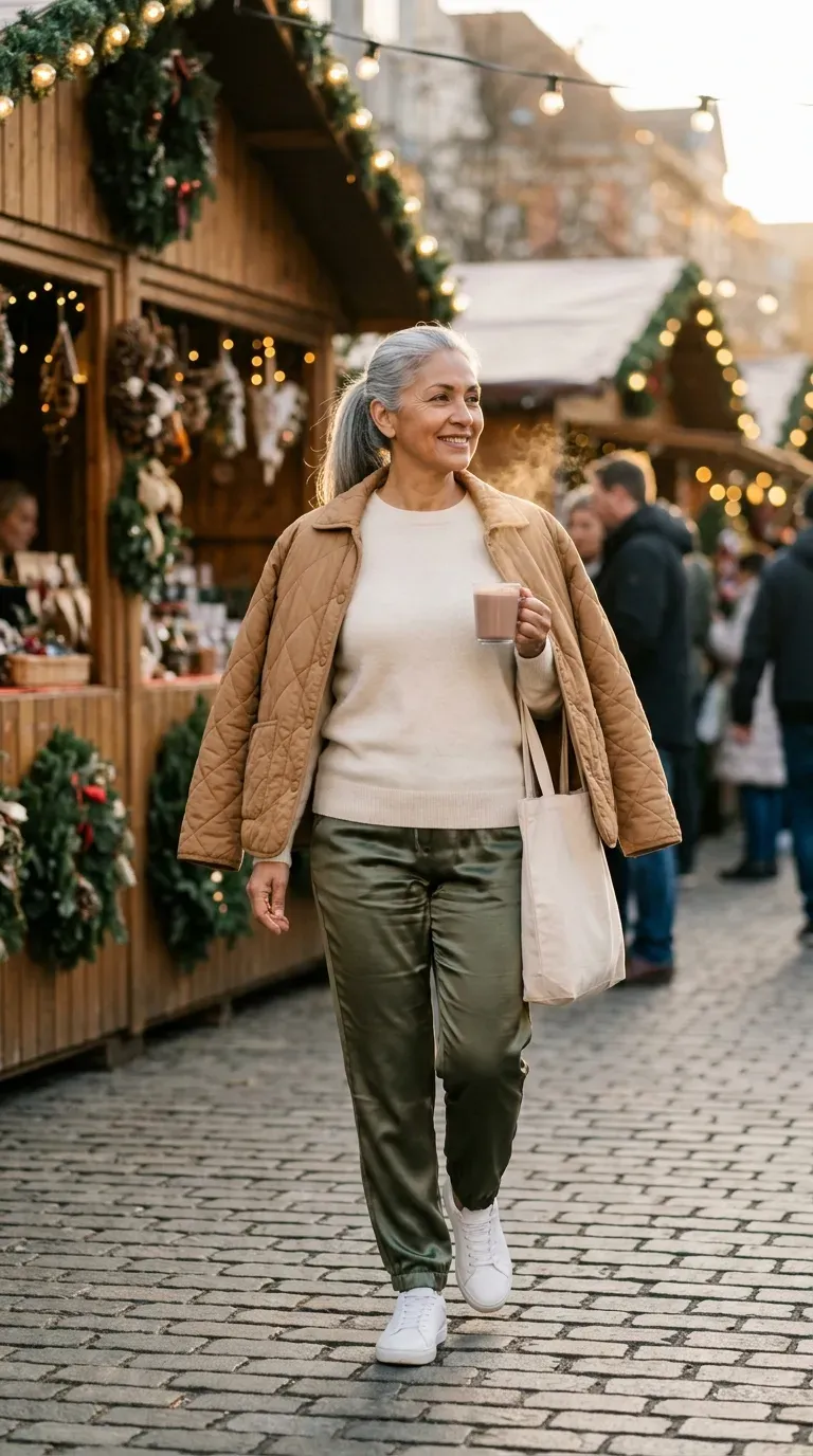 Woman over 50 in olive track pants, cream sweater and white sneakers at a Christmas market