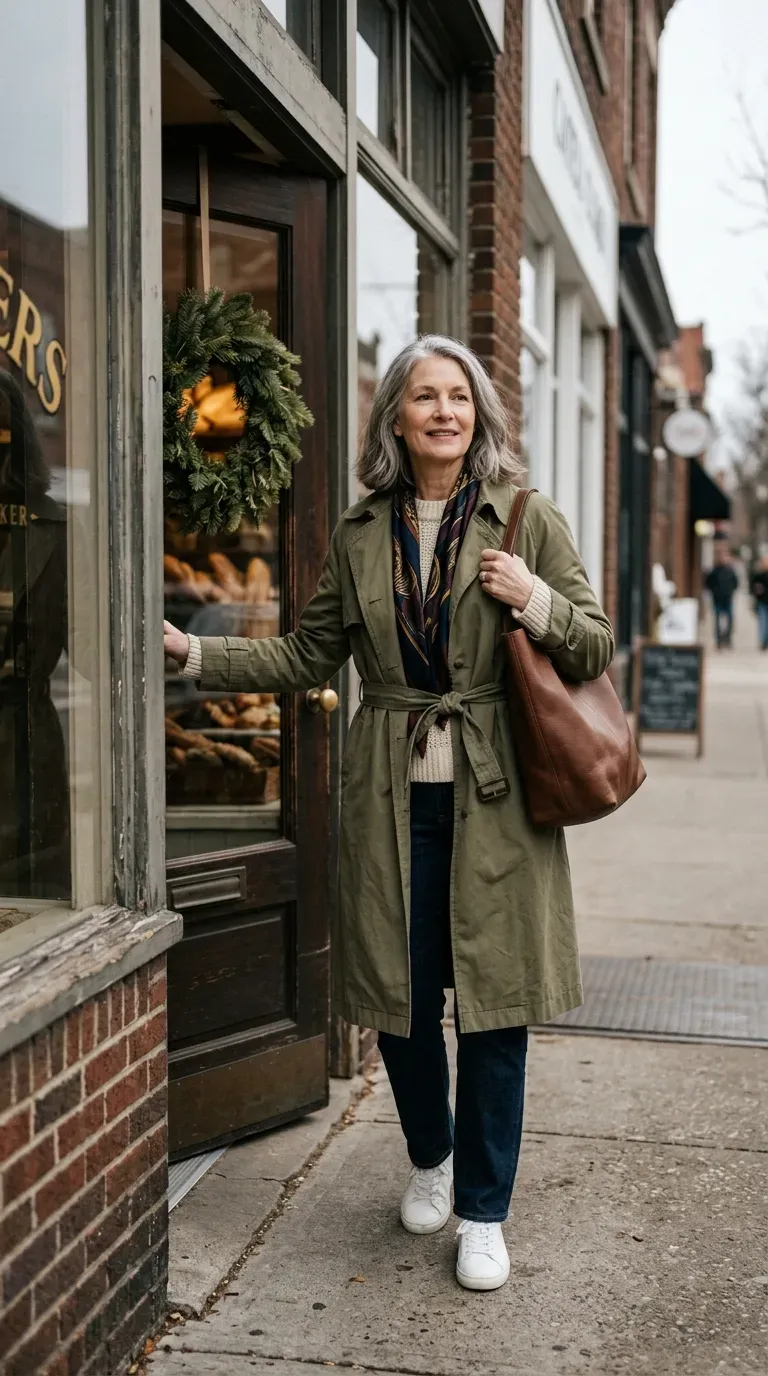 Woman over 50 in olive trench coat, cream sweater and dark jeans outside a bakery