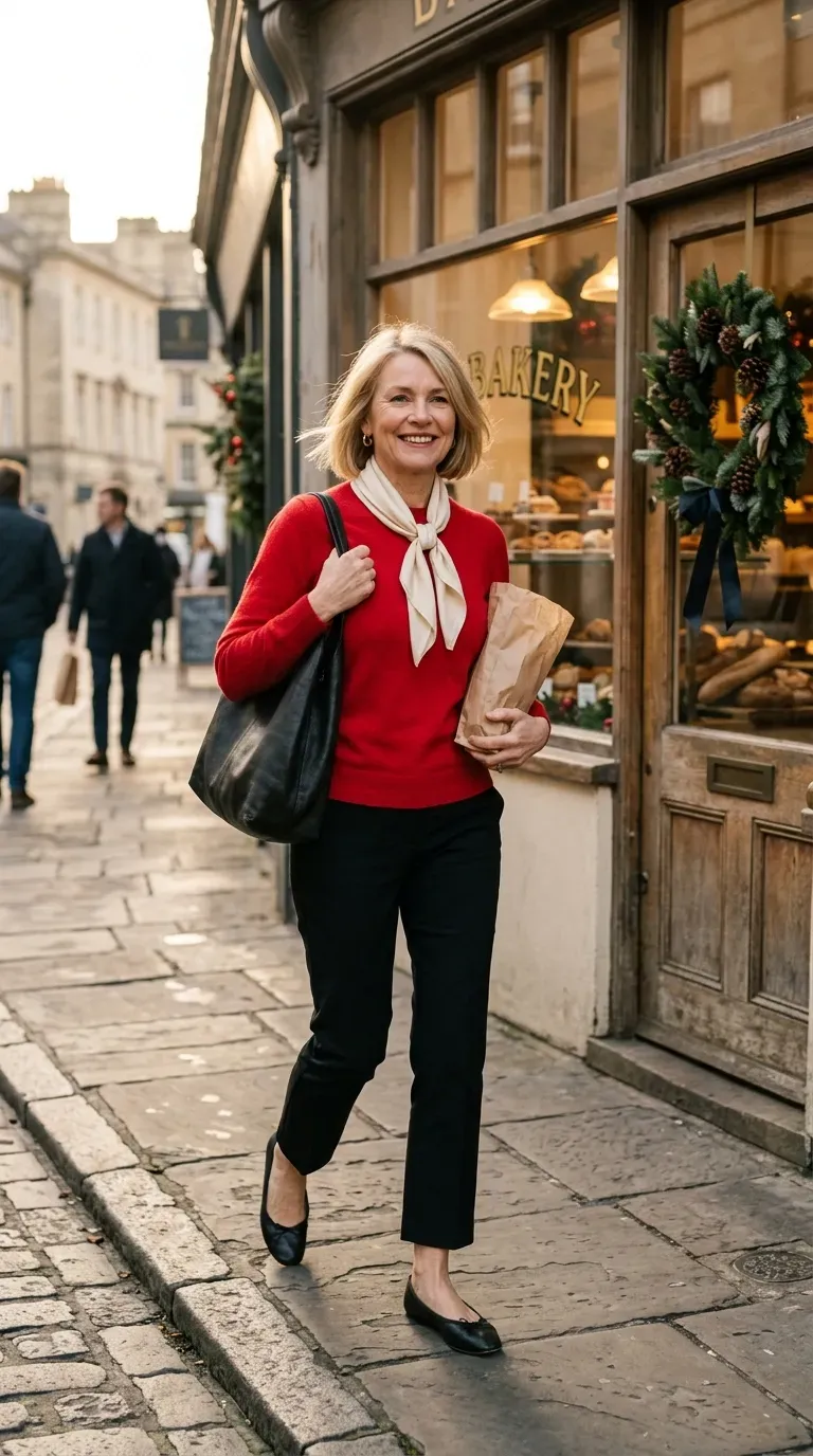 Woman over 50 in olive wide-leg trousers and camel longline cardigan on an autumn street