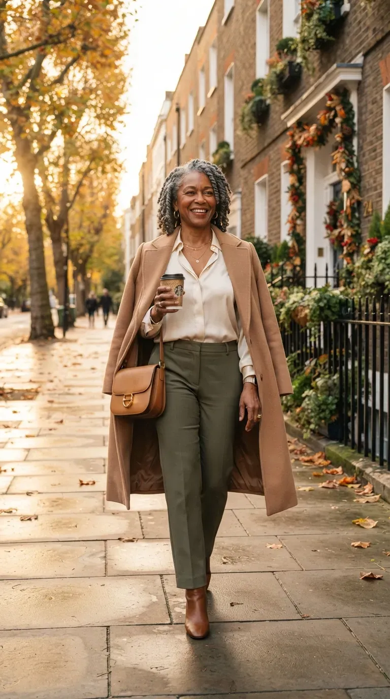 Woman over 50 in olive trousers and cream silk blouse with a camel coat on an autumn street