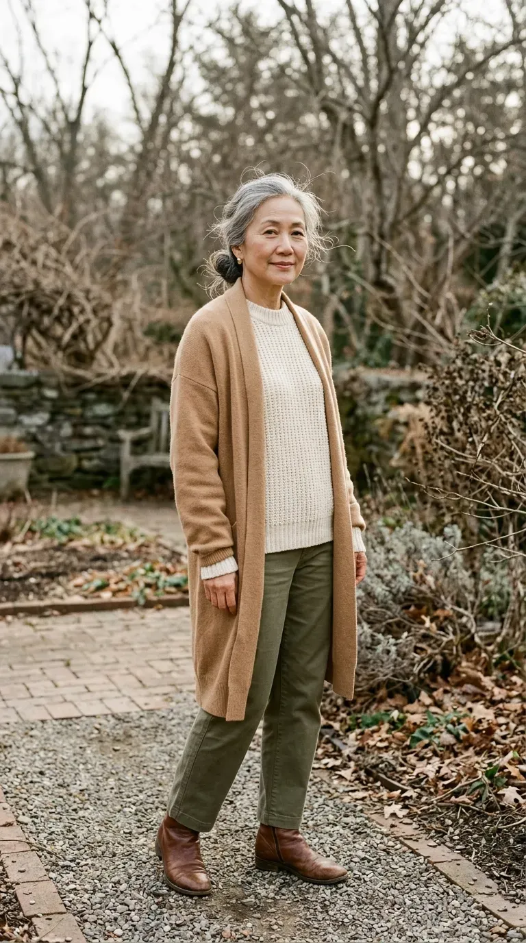 Woman over 50 in olive trousers, cream sweater and brown ankle boots for a Christmas card