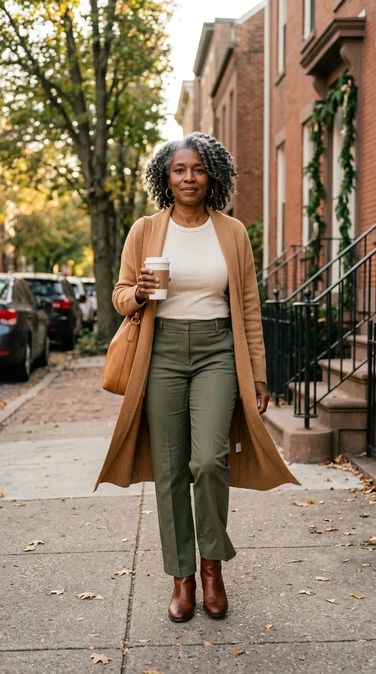 Woman over 50 in olive trousers, cream tee and brown boots