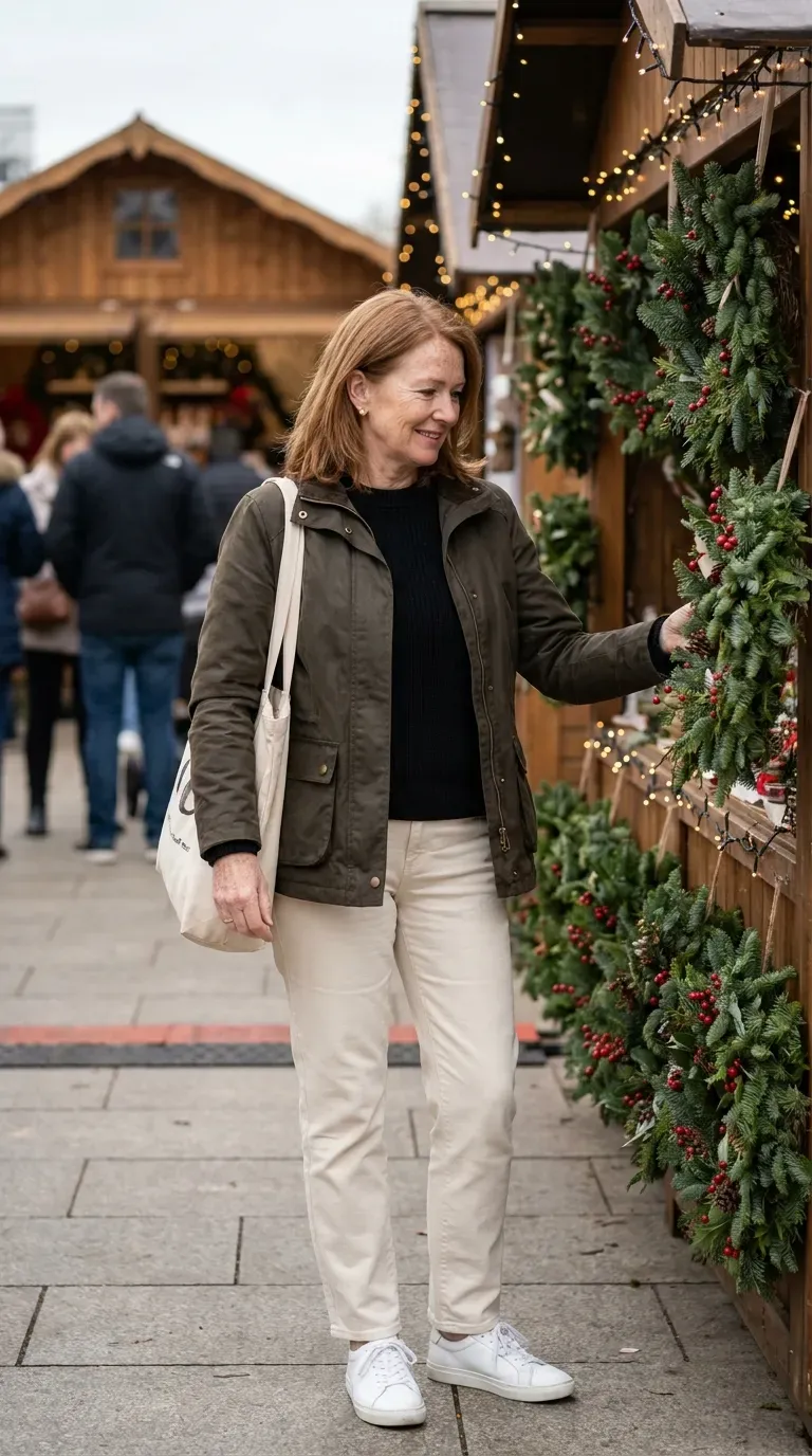 Woman over 50 in olive utility jacket and cream straight trousers at a Christmas market