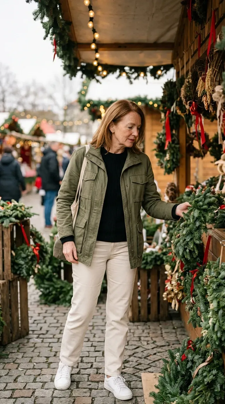Woman over 50 in olive utility jacket and cream straight trousers at a Christmas market