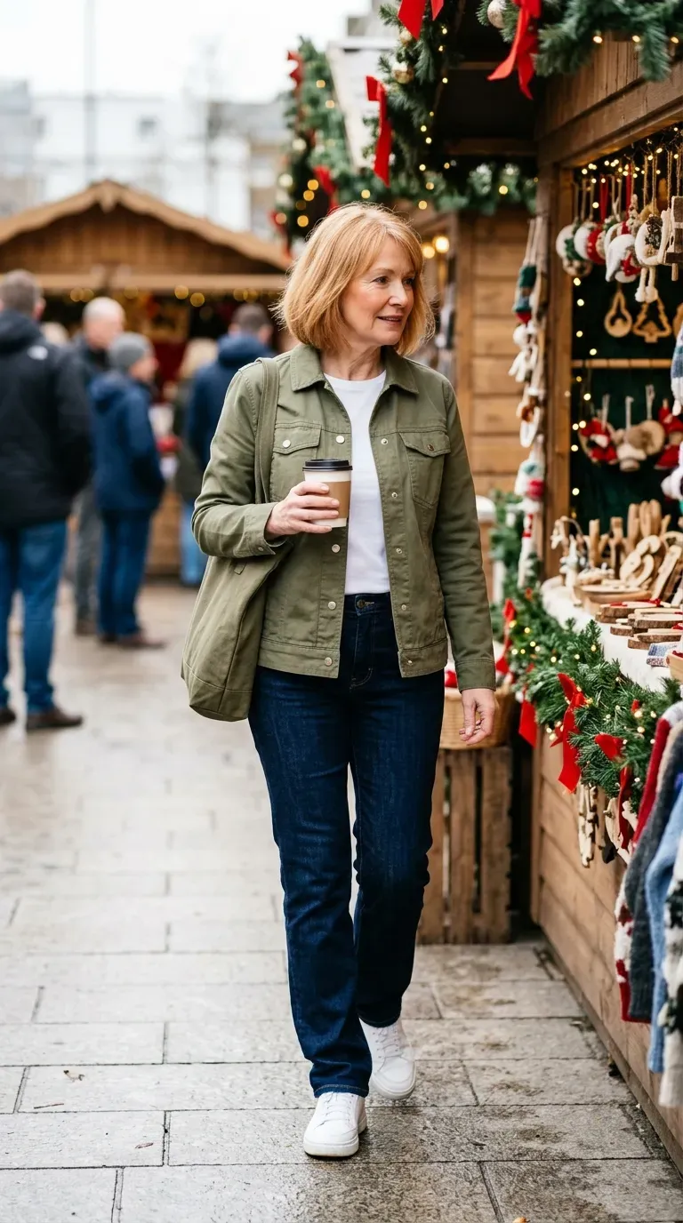 Woman over 50 in olive utility jacket and indigo jeans at an outdoor Christmas market
