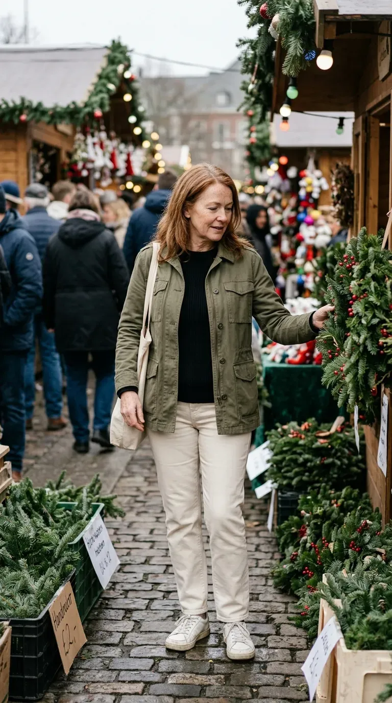 Woman over 50 in olive utility jacket, ribbed knit and cream trousers at a Christmas market