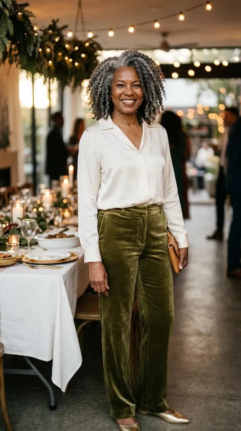 Woman over 50 in olive velvet trousers and cream silk blouse at a party