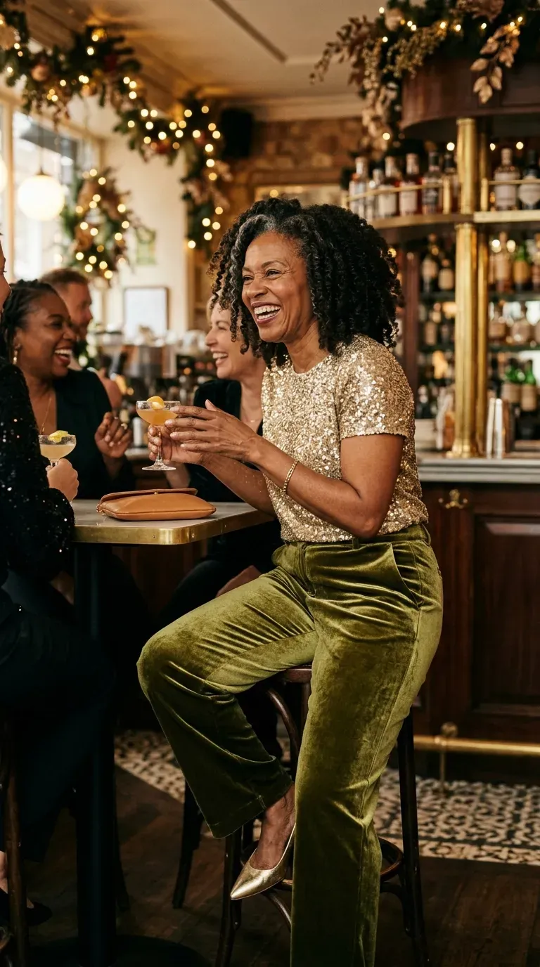 Woman over 50 in olive velvet trousers and gold sequin top at a festive bar