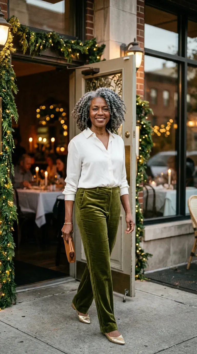 Woman over 50 in olive velvet trousers and ivory silk blouse at a Christmas date dinner