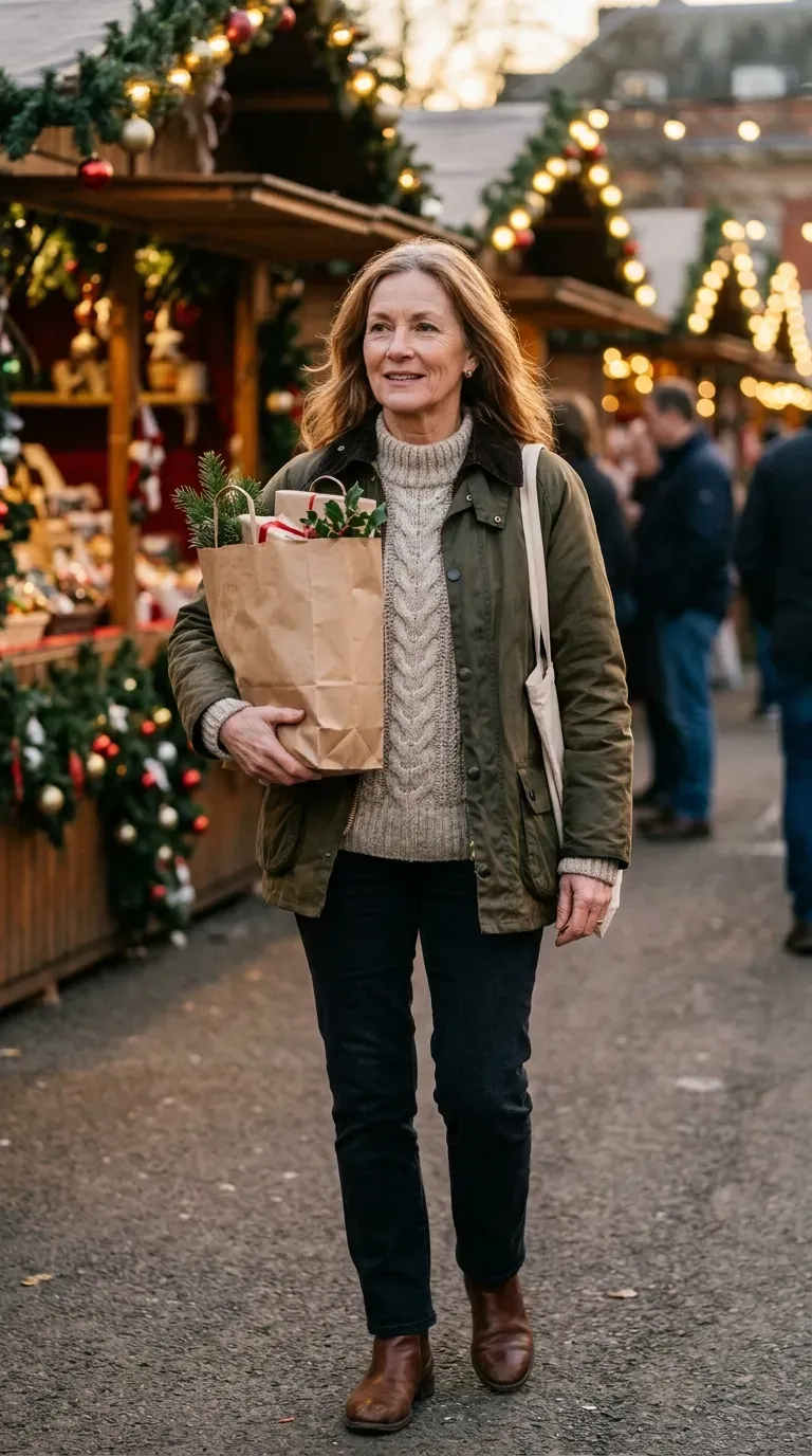 Woman over 50 in olive wax jacket, oatmeal chunky knit and brown boots at a Christmas market