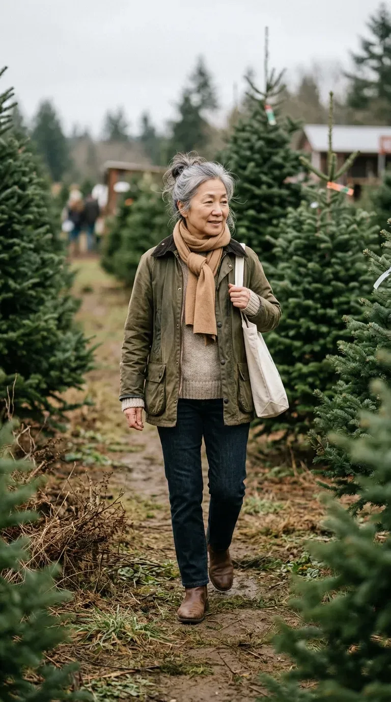 Woman over 50 in olive wax jacket, oatmeal sweater and dark jeans at a Christmas tree farm