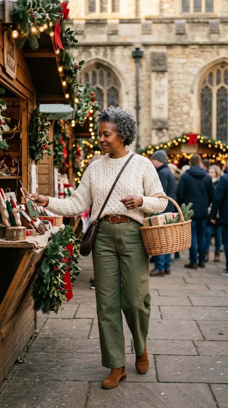 Black woman in olive wide-leg trousers and cream cable sweater at a church Christmas market